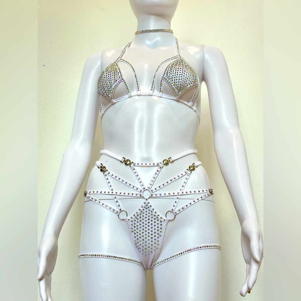 White AB Rhinestone 4 Piece Lingerie Set Bikini XS, D Cup, Festival, Rave, Dance - Picture 3 of 13